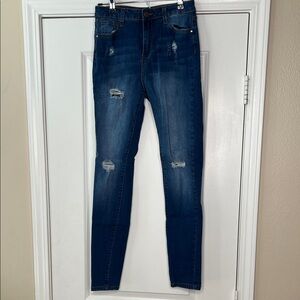 Fashion Nova Dark Blue Distressed Skinny Jeans